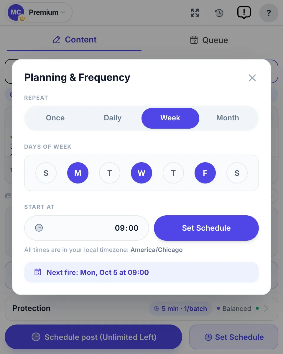 Planning & Frequency: a weekly schedule on Monday, Wednesday and Friday at 9:00