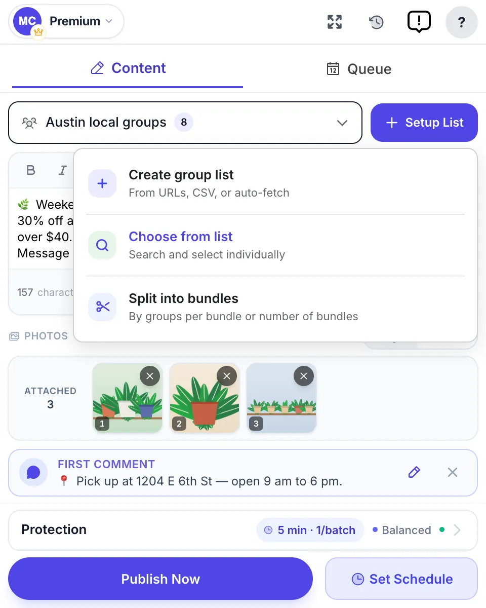The Setup List menu: Create group list, Choose from list, Split into bundles