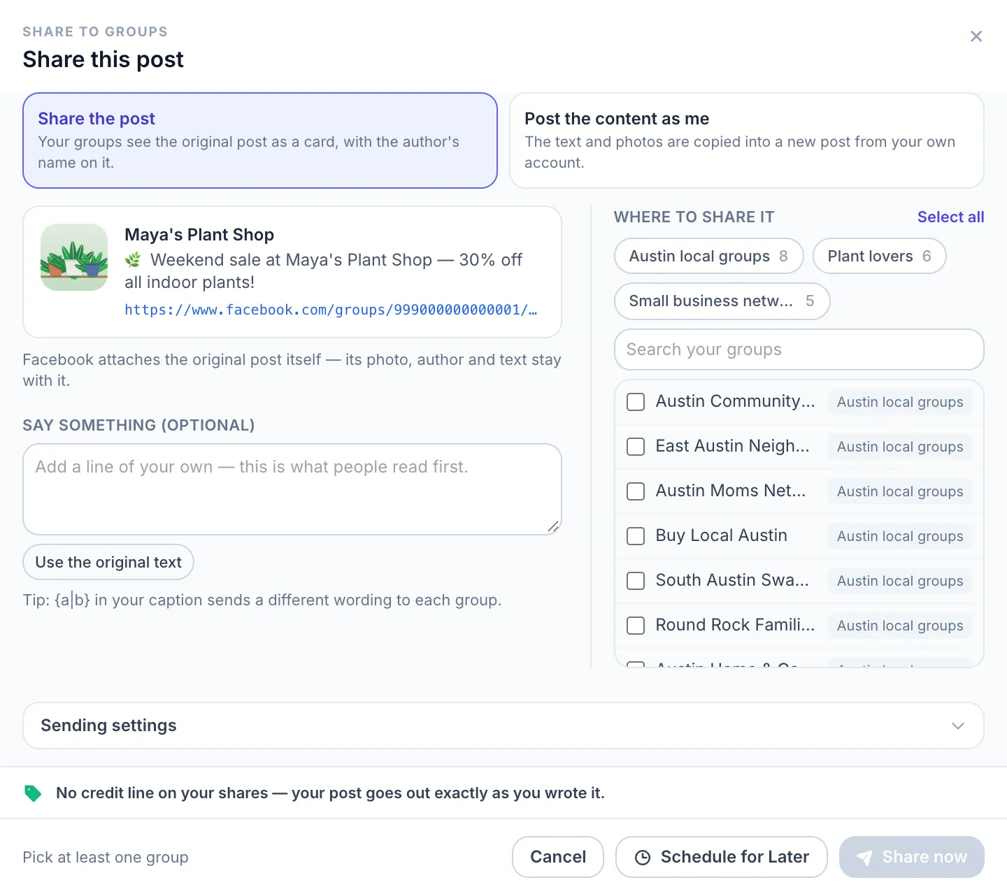 MultiGroupPoster Share this post dialog: share the post or post the content as me, then pick the groups to send it to