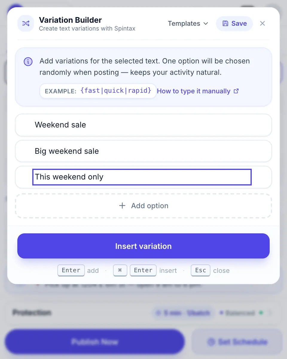 The Variation Builder with three wordings of the same phrase