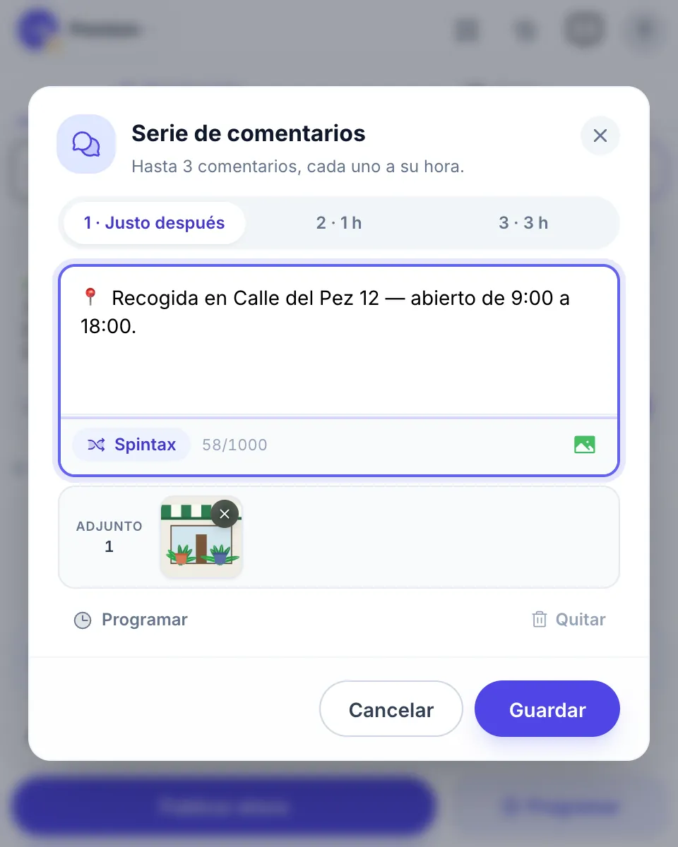 Una serie de comentarios: tres comentarios, justo después, al cabo de 1 hora y al cabo de 3 horas