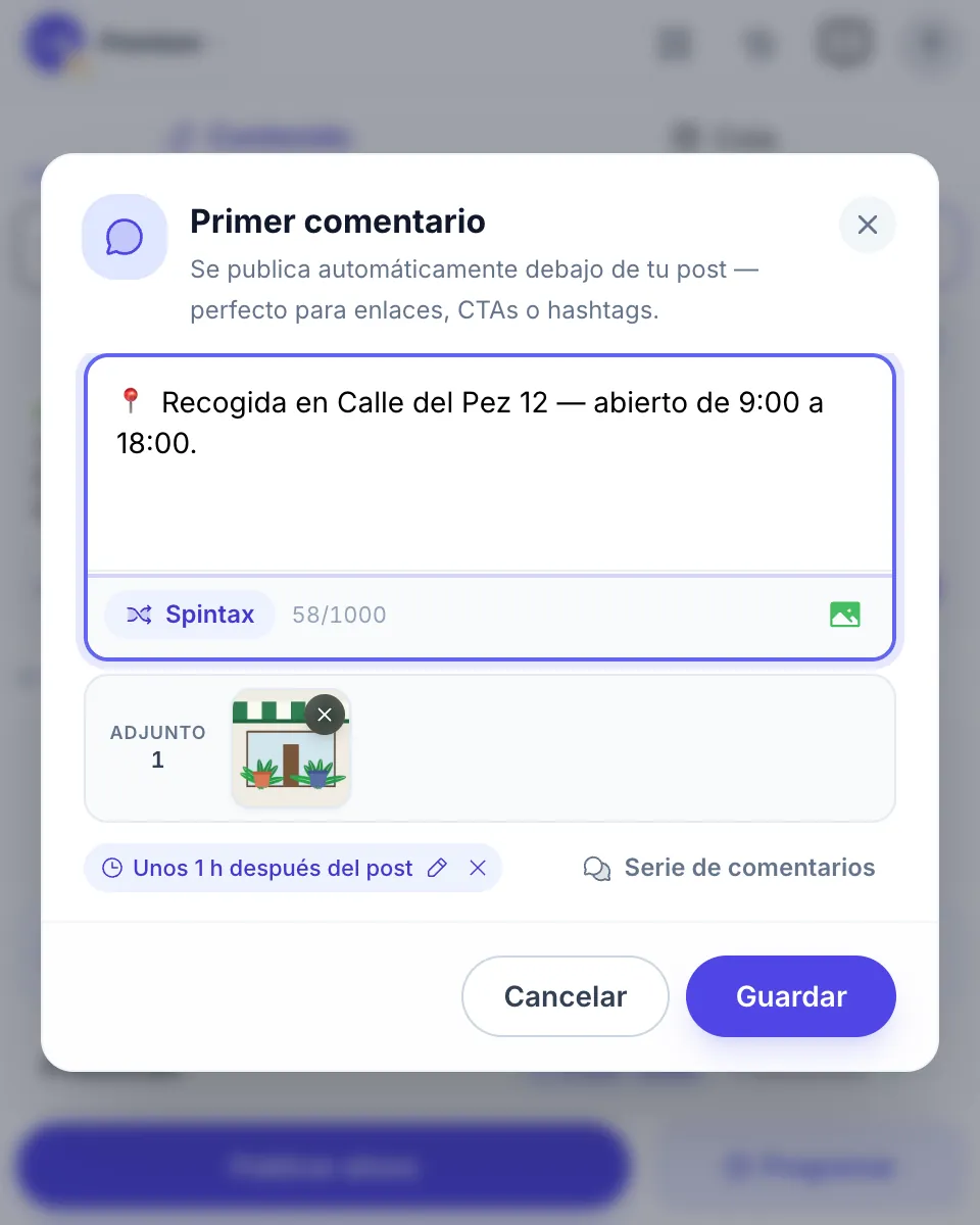 El primer comentario con una foto, publicado aproximadamente 1 hora después de cada publicación