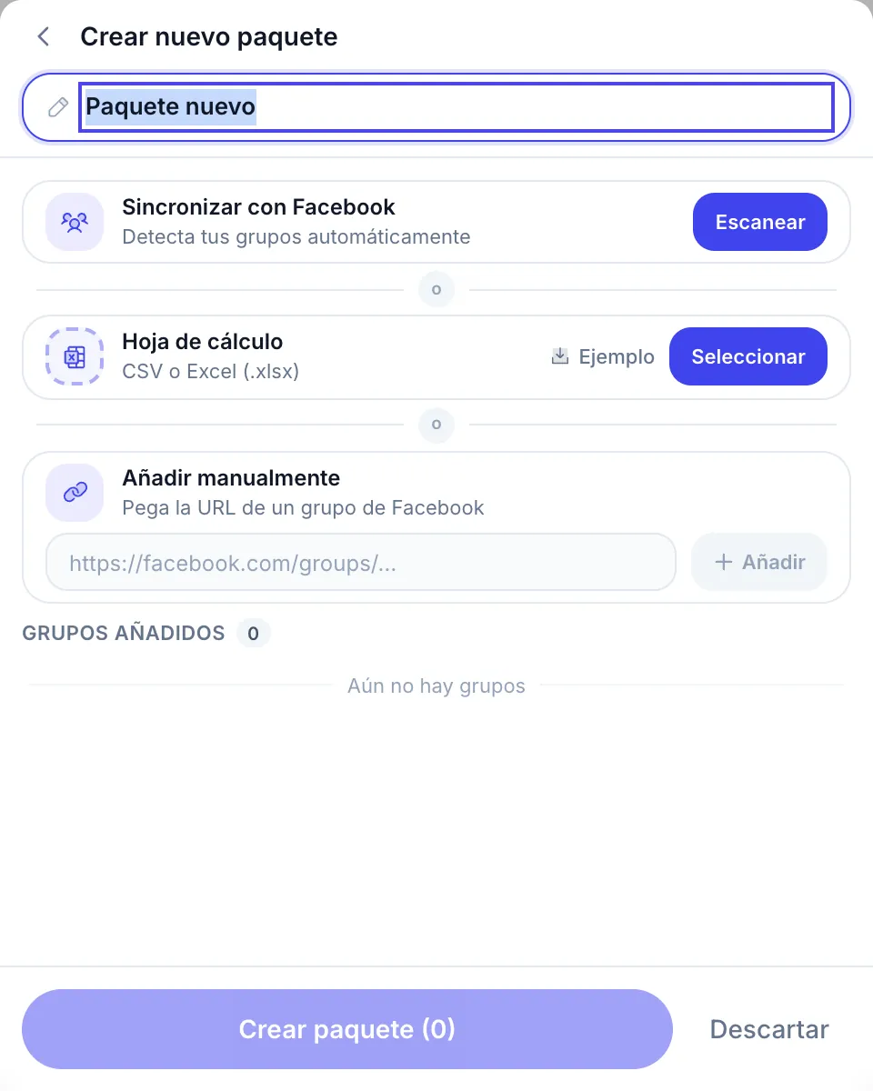 Crear una lista de grupos: Sincronizar con Facebook, Hoja de cálculo o Añadir manualmente
