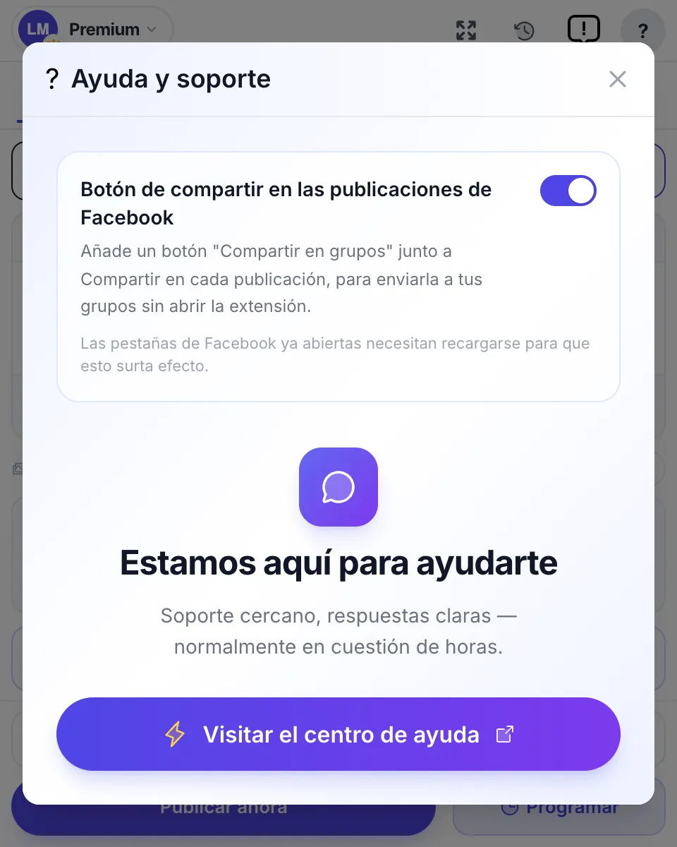 Ayuda y soporte: el interruptor del botón Compartir en grupos en las publicaciones de Facebook