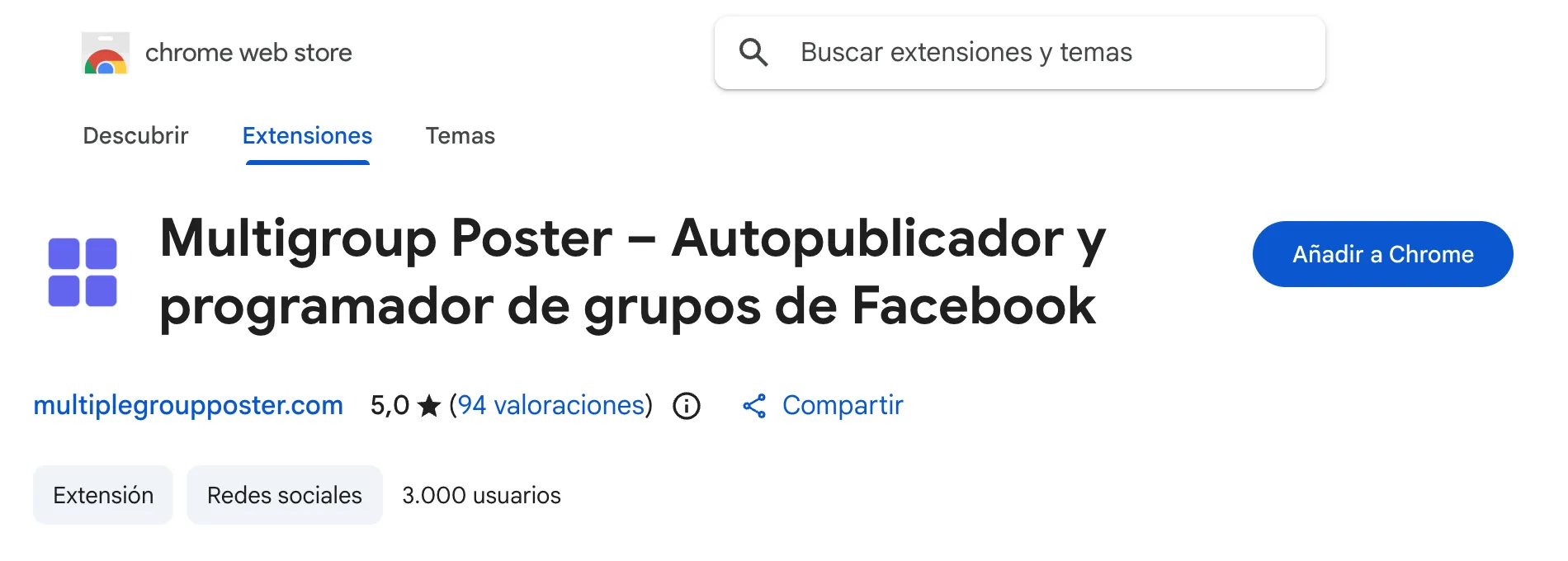 La ficha de MultiGroupPoster en la Chrome Web Store con el botón Añadir a Chrome