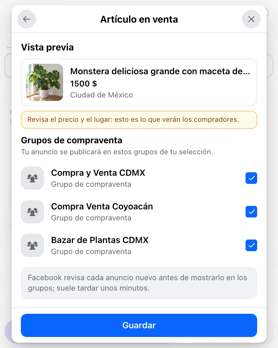 Vista previa del anuncio en MultiGroupPoster, 1500 $ en Ciudad de México, sobre tres grupos de compraventa marcados: Compra y Venta CDMX, Compra Venta Coyoacán y Bazar de Plantas CDMX