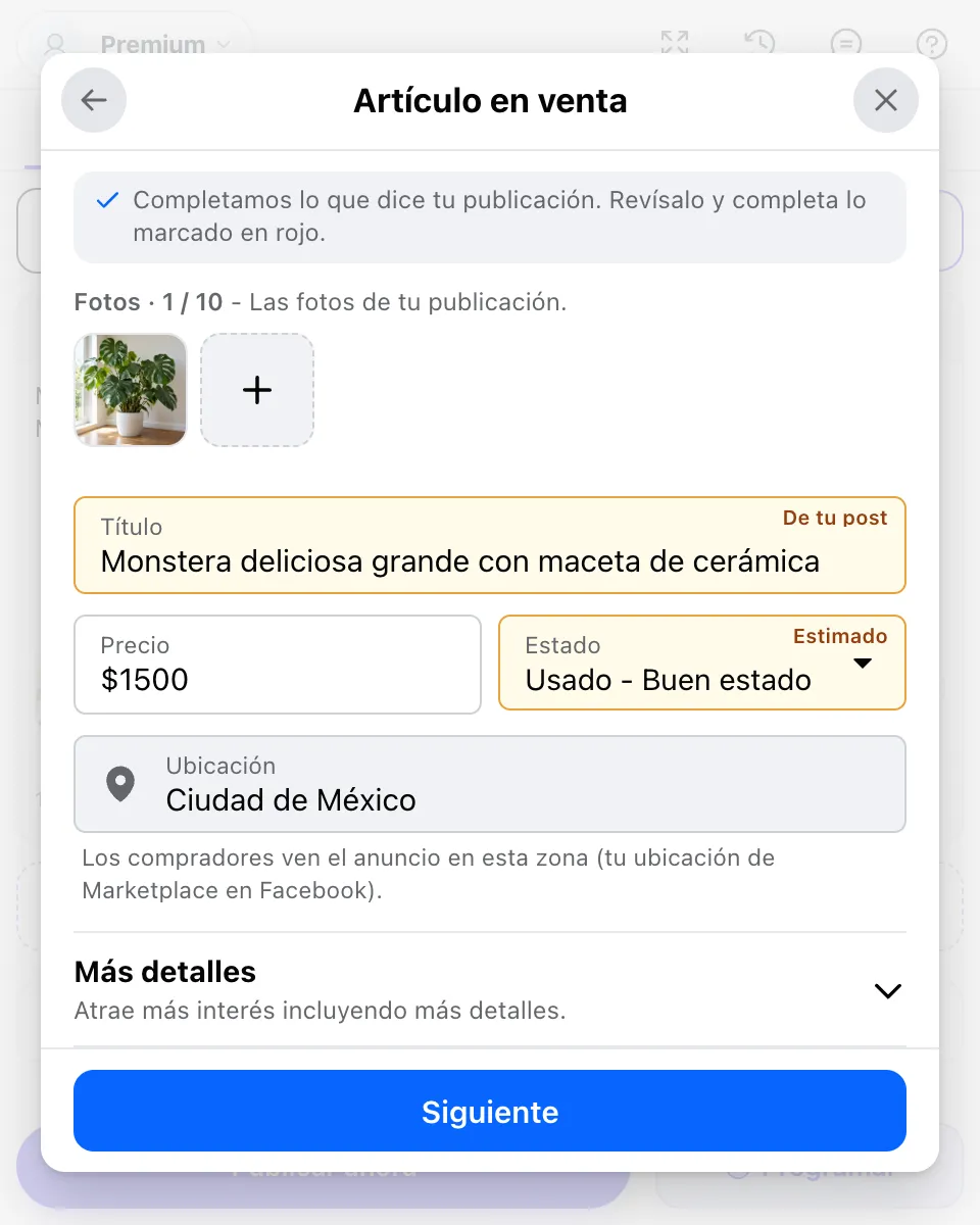 Formulario Artículo en venta de MultiGroupPoster: una foto, título Monstera deliciosa grande con maceta de cerámica, precio $1500, estado Usado - Buen estado, ubicación Ciudad de México