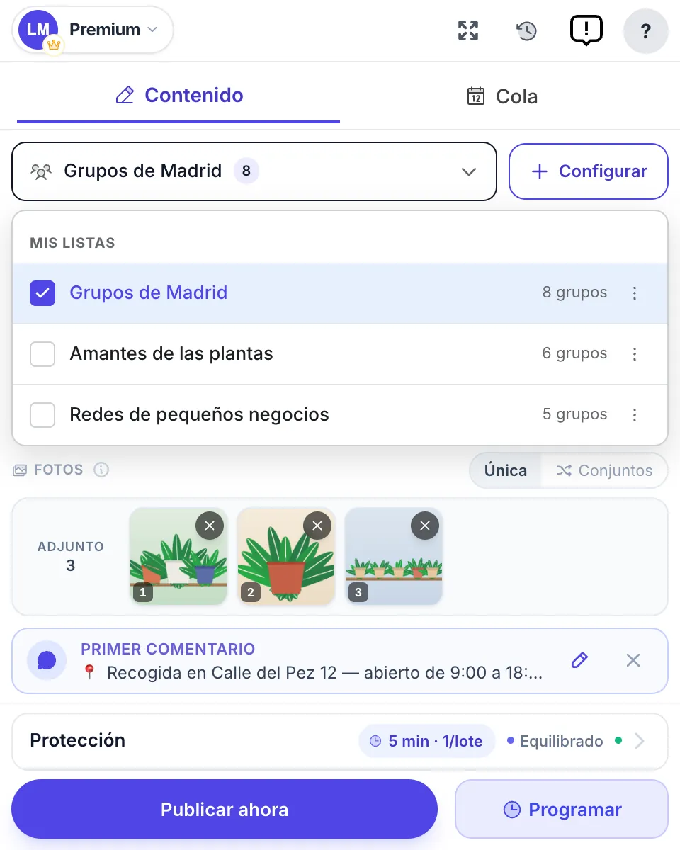 El selector de grupos abierto, con tres listas guardadas y su número de grupos