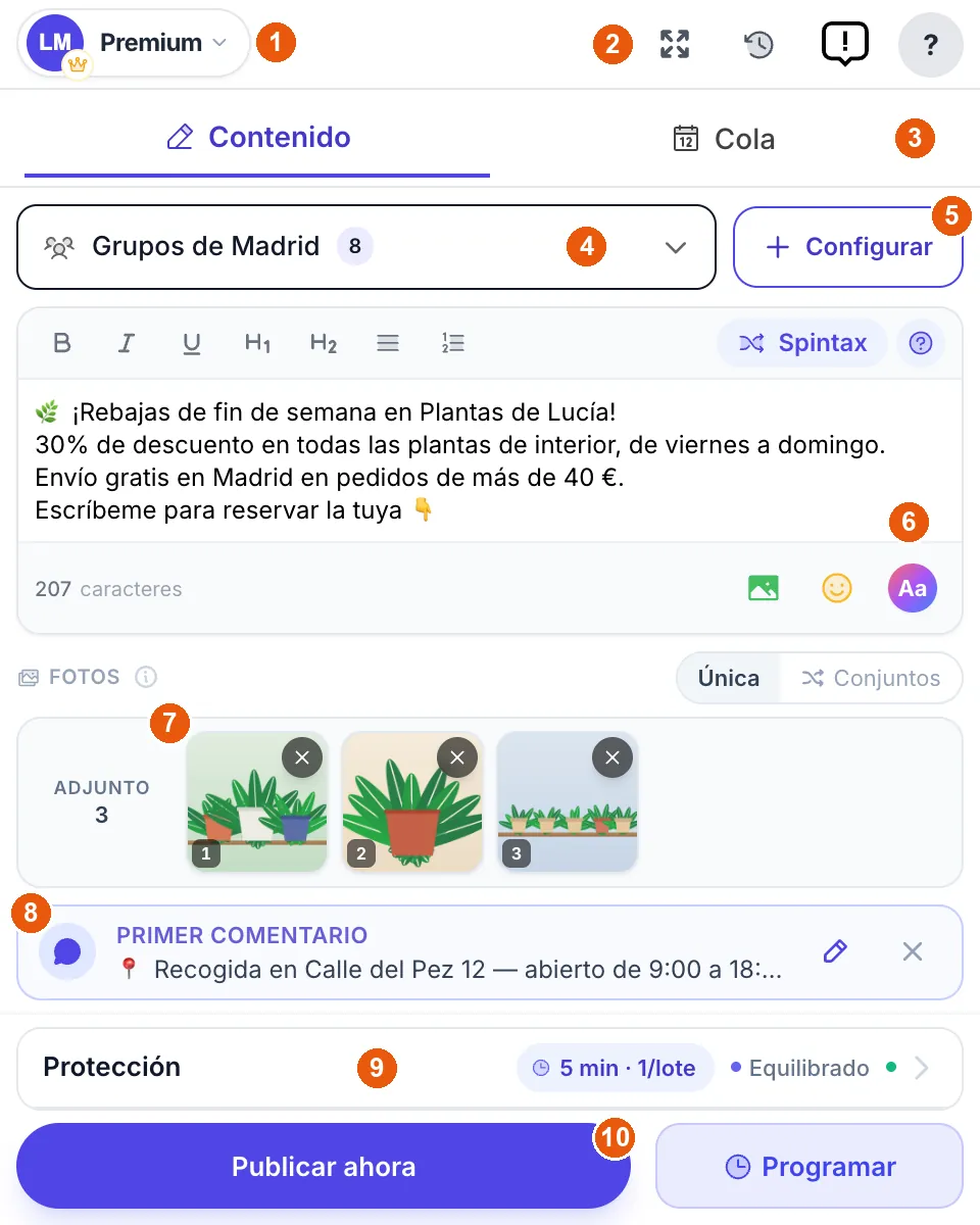 La pantalla principal de MultiGroupPoster con marcadores numerados en cada zona