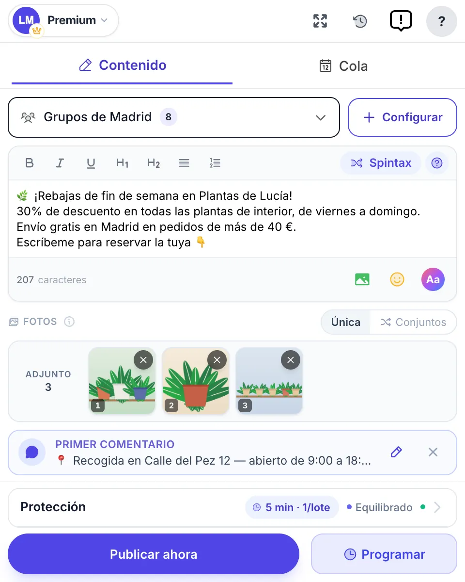 La pantalla principal de MultiGroupPoster: lista de grupos, editor con fotos, primer comentario, Protección y el botón Publicar ahora