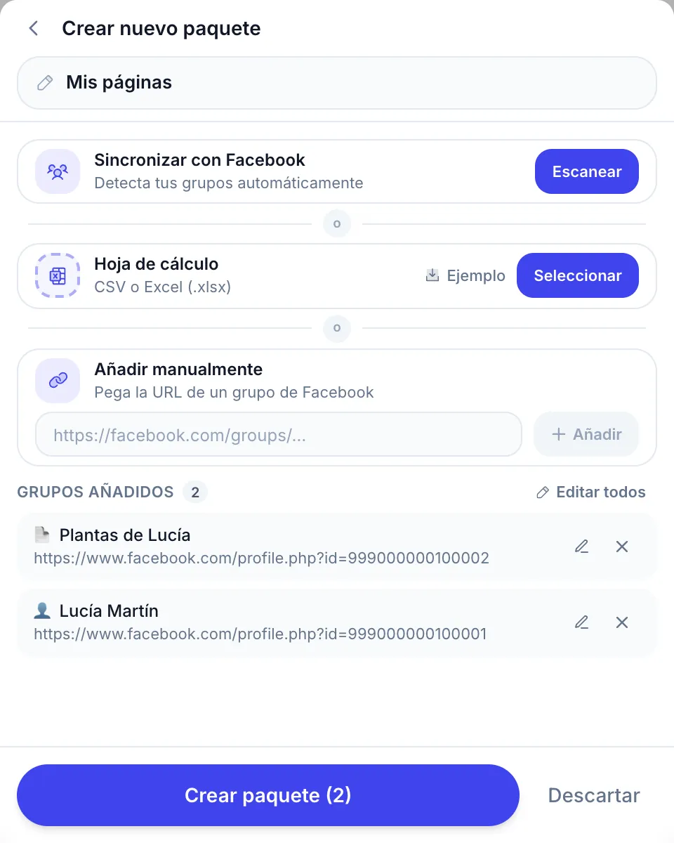 Una lista nueva con tu página de Facebook (📄) y tu propio perfil (👤) añadidos por enlace