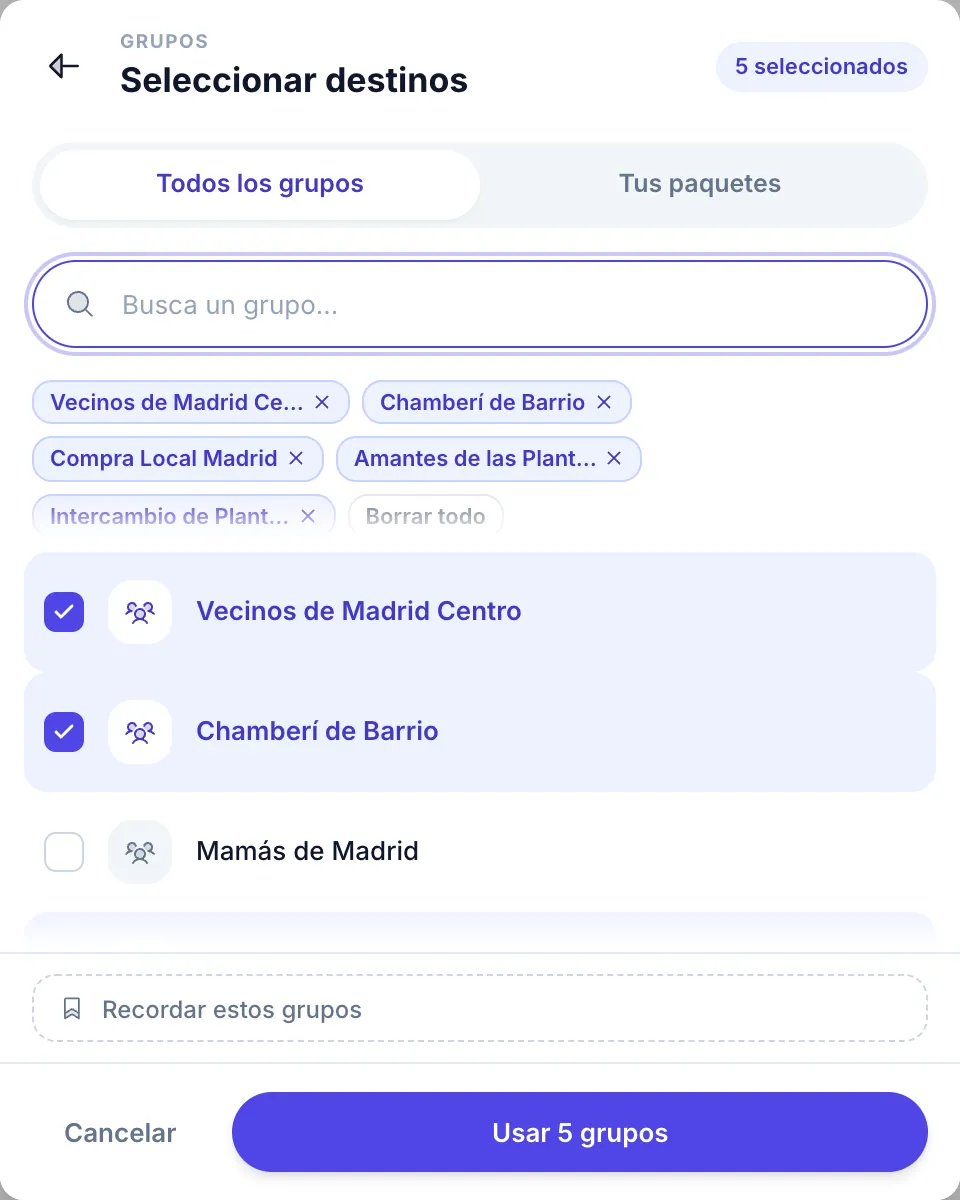 Elegir grupos sueltos: búsqueda, grupos seleccionados y el botón Usar grupos