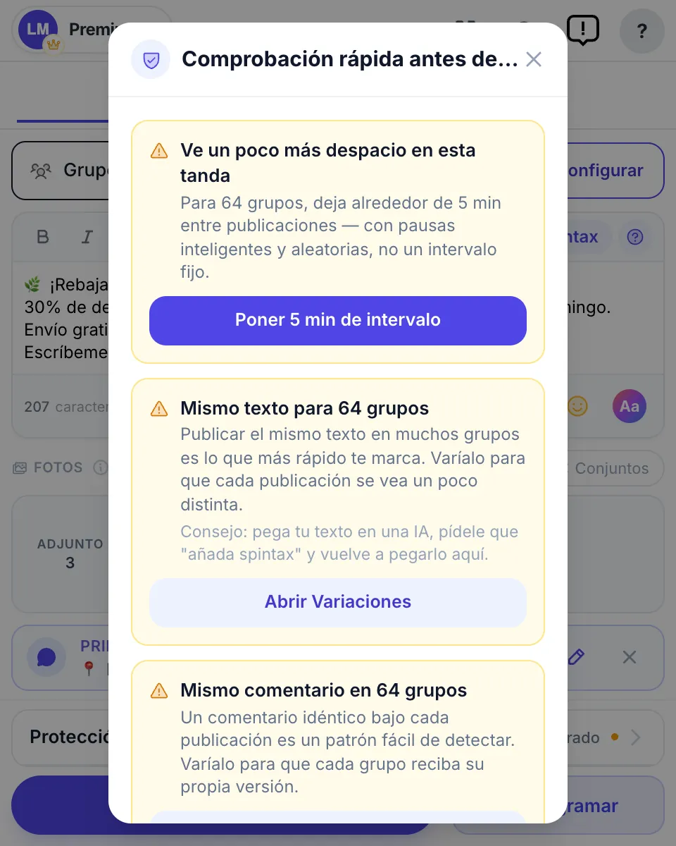 La comprobación rápida antes de publicar: ritmo, mismo texto y mismo comentario, cada uno con su solución
