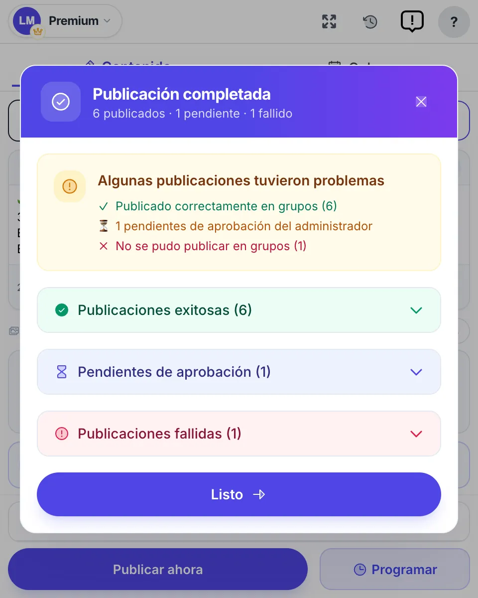 Publicación completada: 6 con éxito, 1 pendiente de aprobación, 1 fallida