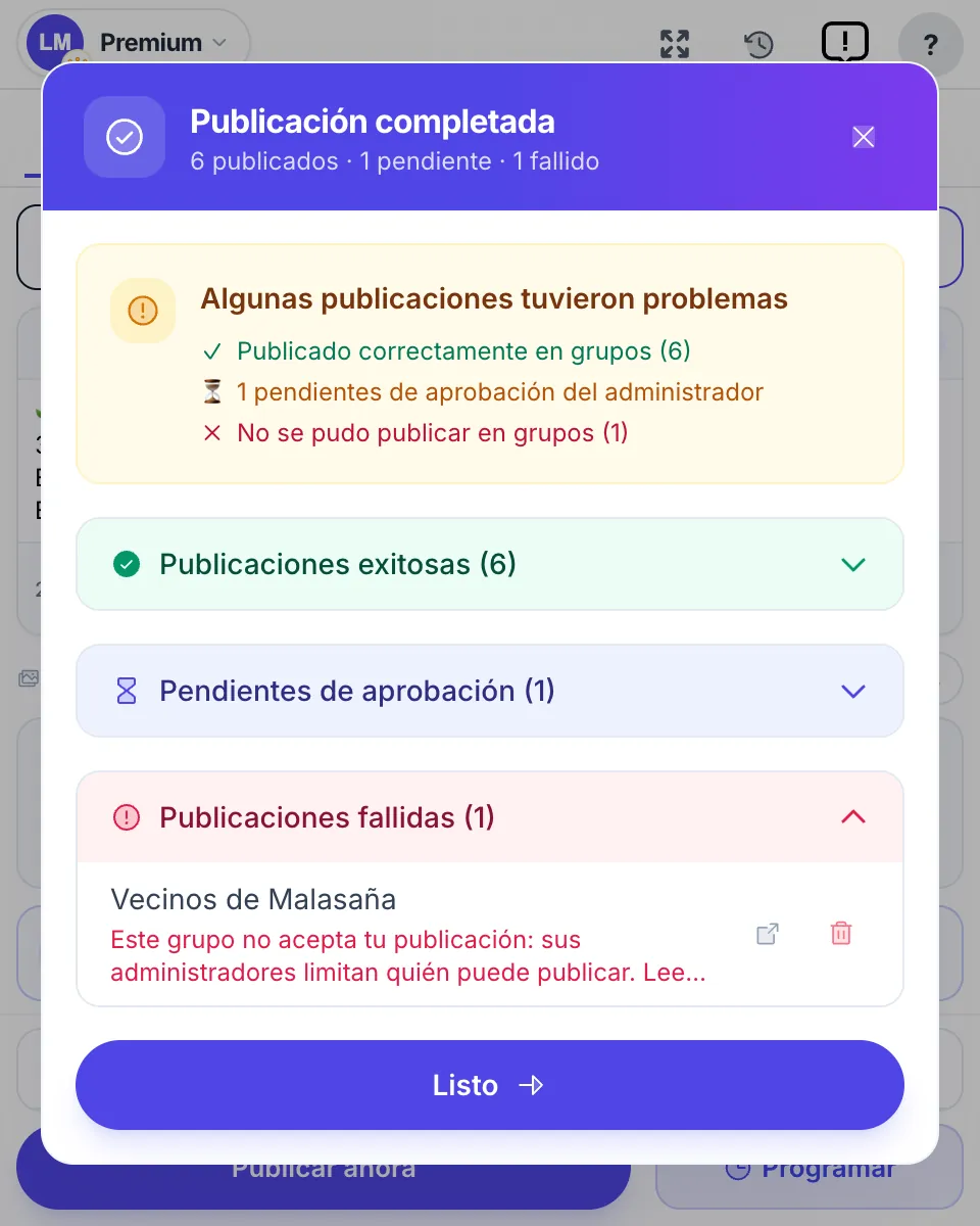 Un grupo fallido con el motivo explicado en palabras sencillas