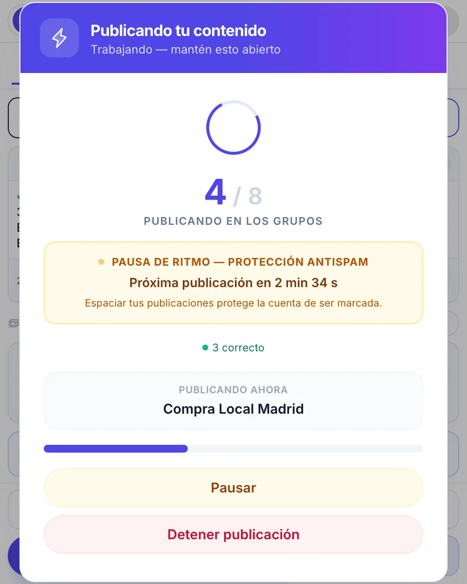 Una campaña en curso: 4 de 8 grupos, el grupo en el que se publica ahora y la cuenta atrás hasta la siguiente publicación