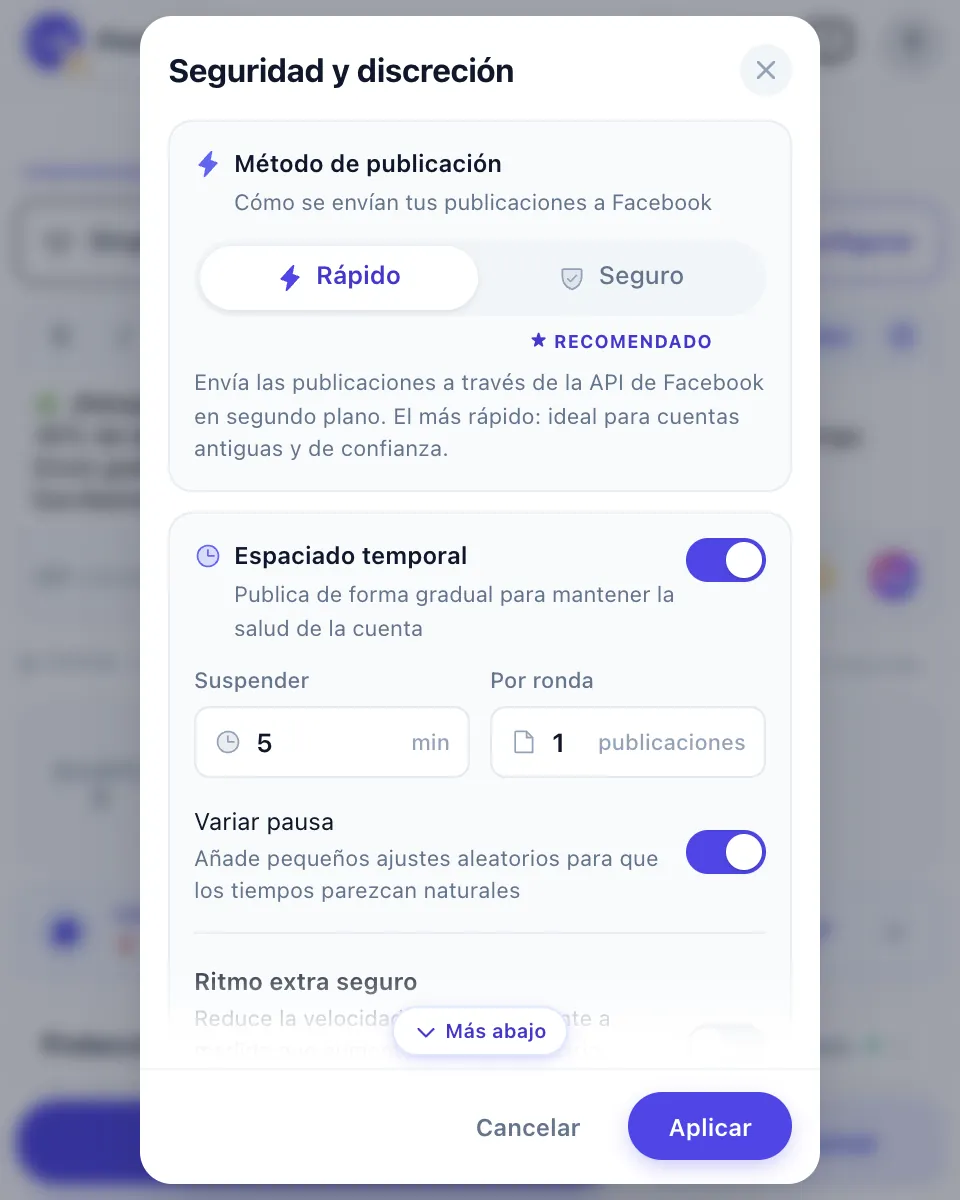 Los ajustes de Protección: Rápido o Seguro, Espaciado temporal y duración de la pausa