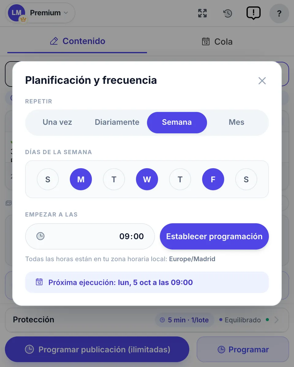 Planificación y frecuencia: una programación semanal los lunes, miércoles y viernes a las 9:00