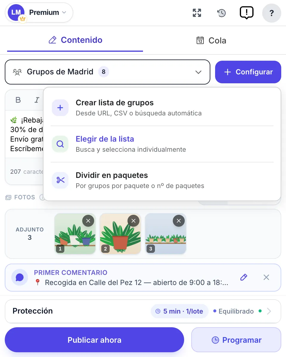 El menú Configurar: Crear lista de grupos, Elegir de la lista, Dividir en paquetes