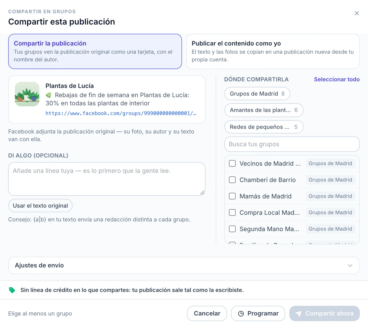Compartir esta publicación en MultiGroupPoster: Compartir la publicación o Publicar el contenido como yo, y elegir grupos
