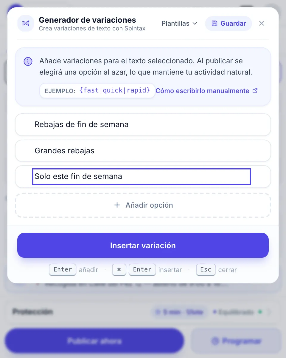 El Generador de variaciones con tres formas de decir la misma frase