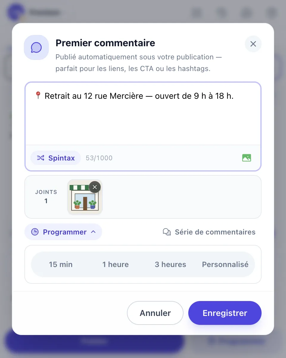 Les réglages des commentaires dans MultiGroupPoster avec les choix de délai
