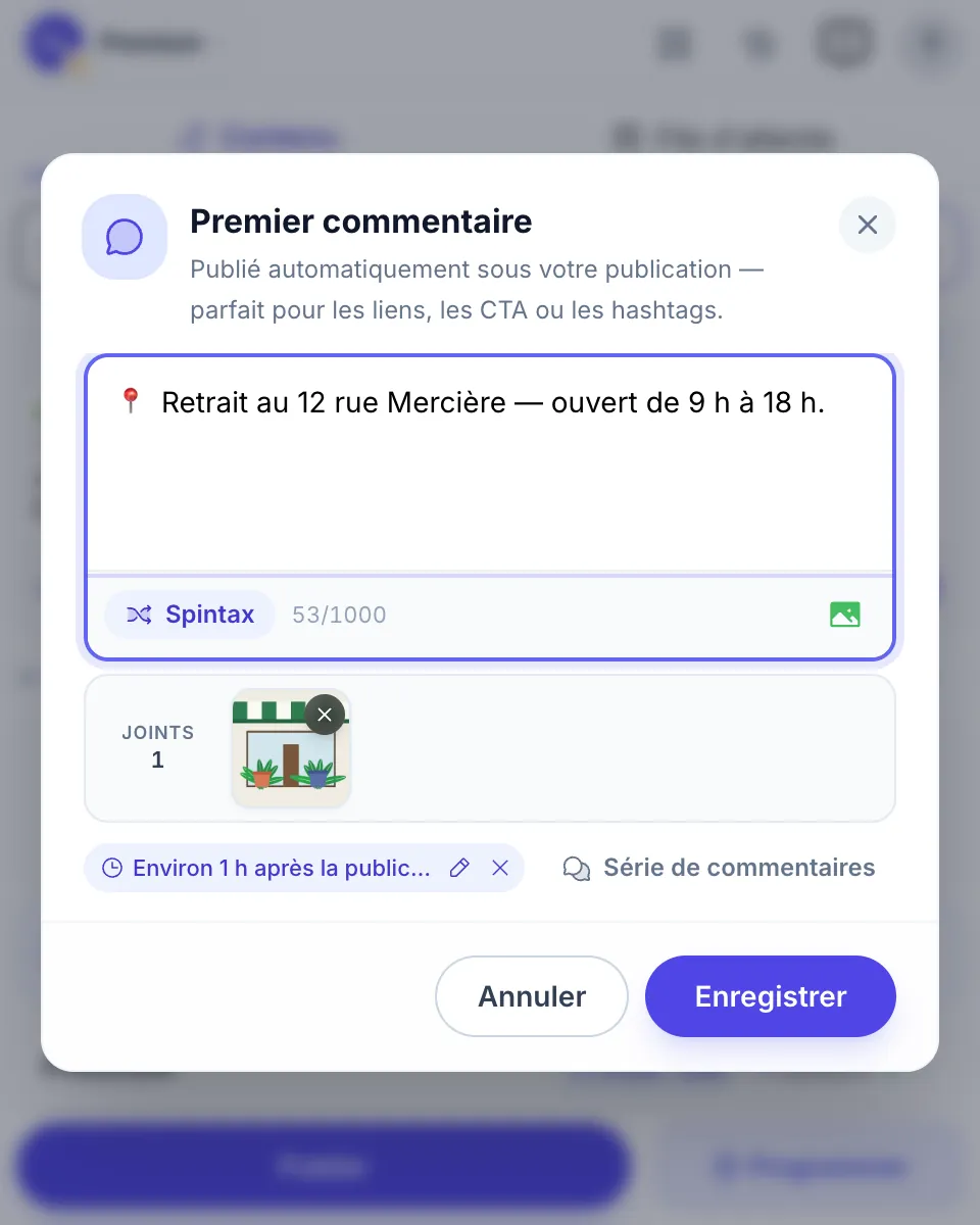 Le premier commentaire avec une photo, publié environ 1 heure après chaque publication