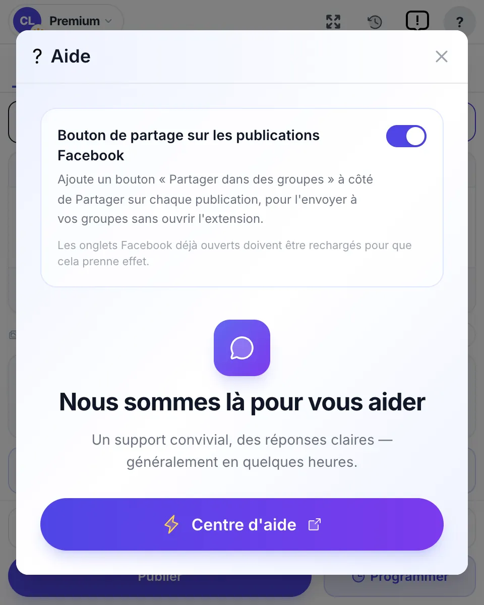 Aide : l’interrupteur du bouton Partager dans des groupes sur les publications Facebook