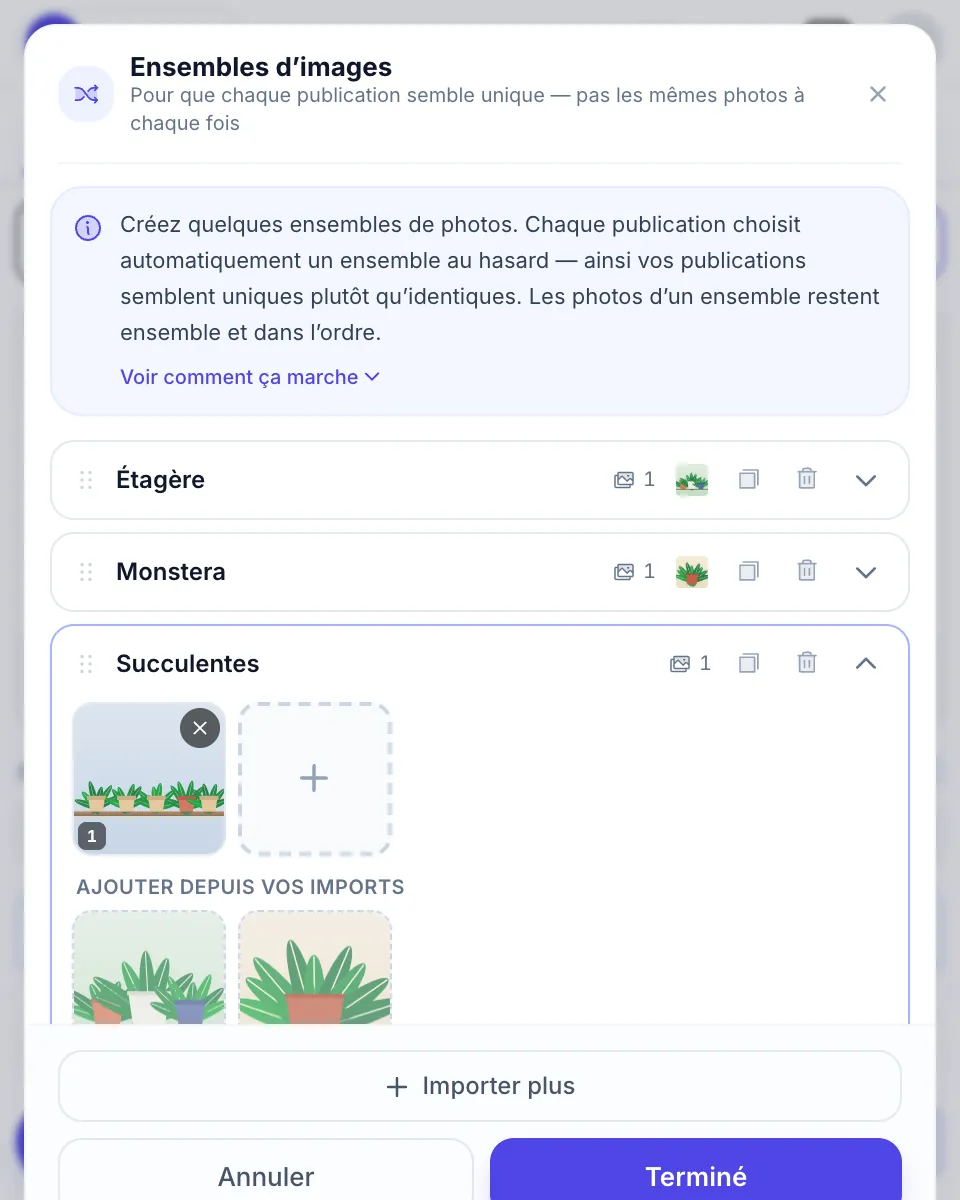 Ensembles d’images : trois ensembles de photos, dont un est choisi au hasard pour chaque publication