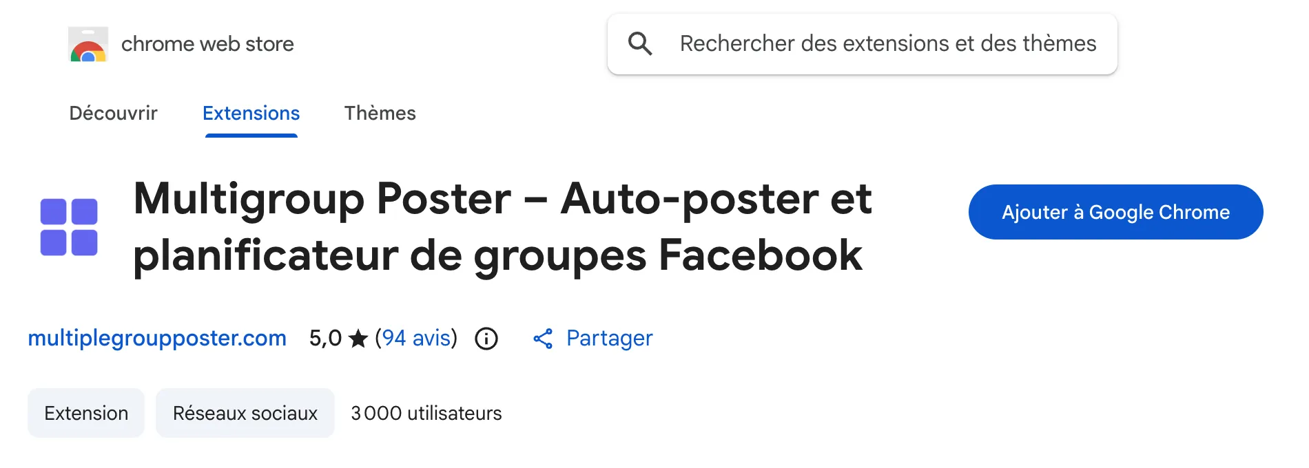 La fiche de MultiGroupPoster sur le Chrome Web Store avec le bouton Ajouter à Google Chrome