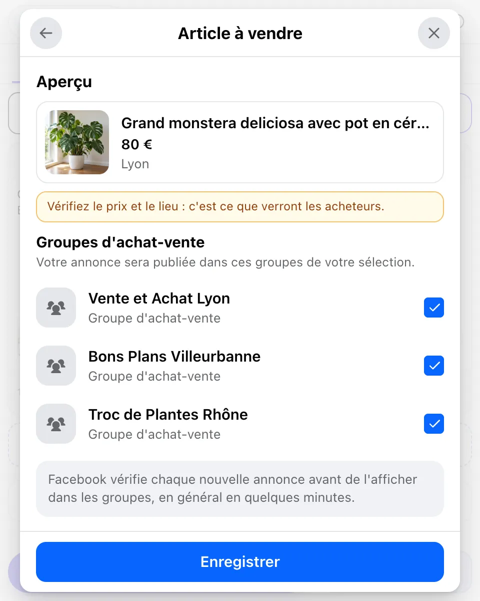 Aperçu de l’annonce dans MultiGroupPoster, 80 € à Lyon, au-dessus de trois groupes d’achat-vente cochés : Vente et Achat Lyon, Bons Plans Villeurbanne et Troc de Plantes Rhône