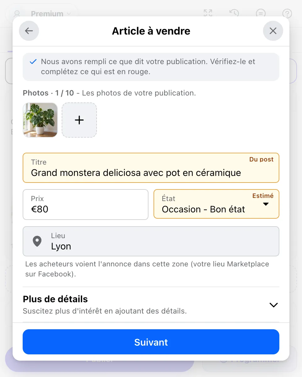 Formulaire Article à vendre de MultiGroupPoster : une photo, titre Grand monstera deliciosa avec pot en céramique, prix 80 €, état Occasion - Bon état, lieu Lyon