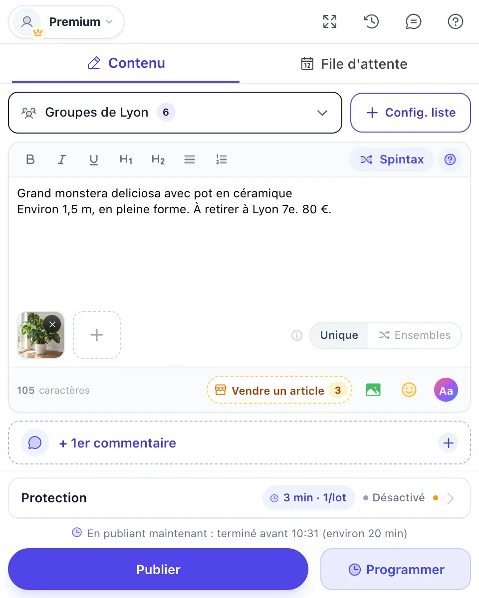 Éditeur de MultiGroupPoster avec la liste Groupes de Lyon, une publication sur un grand monstera à 80 € avec une photo, et le bouton Vendre un article indiquant 3 groupes d’achat-vente dans la sélection