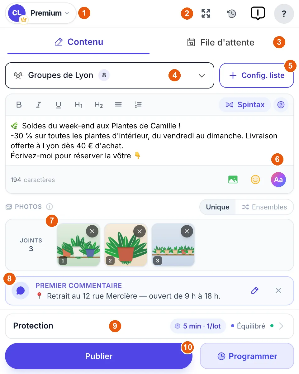 L’écran principal de MultiGroupPoster avec un repère numéroté sur chaque zone