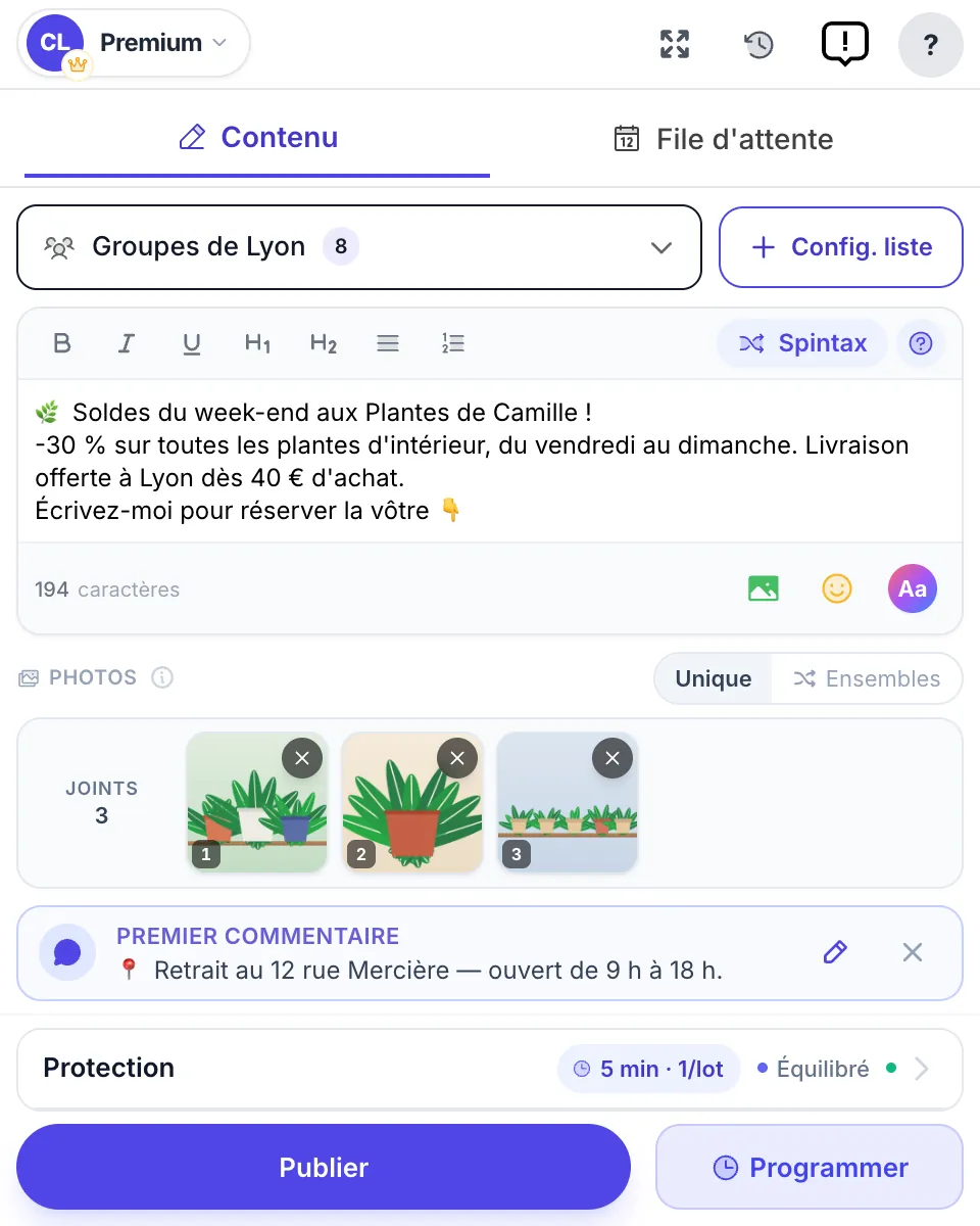 L’écran principal de MultiGroupPoster : liste de groupes, éditeur avec photos, premier commentaire, Protection et le bouton Publier