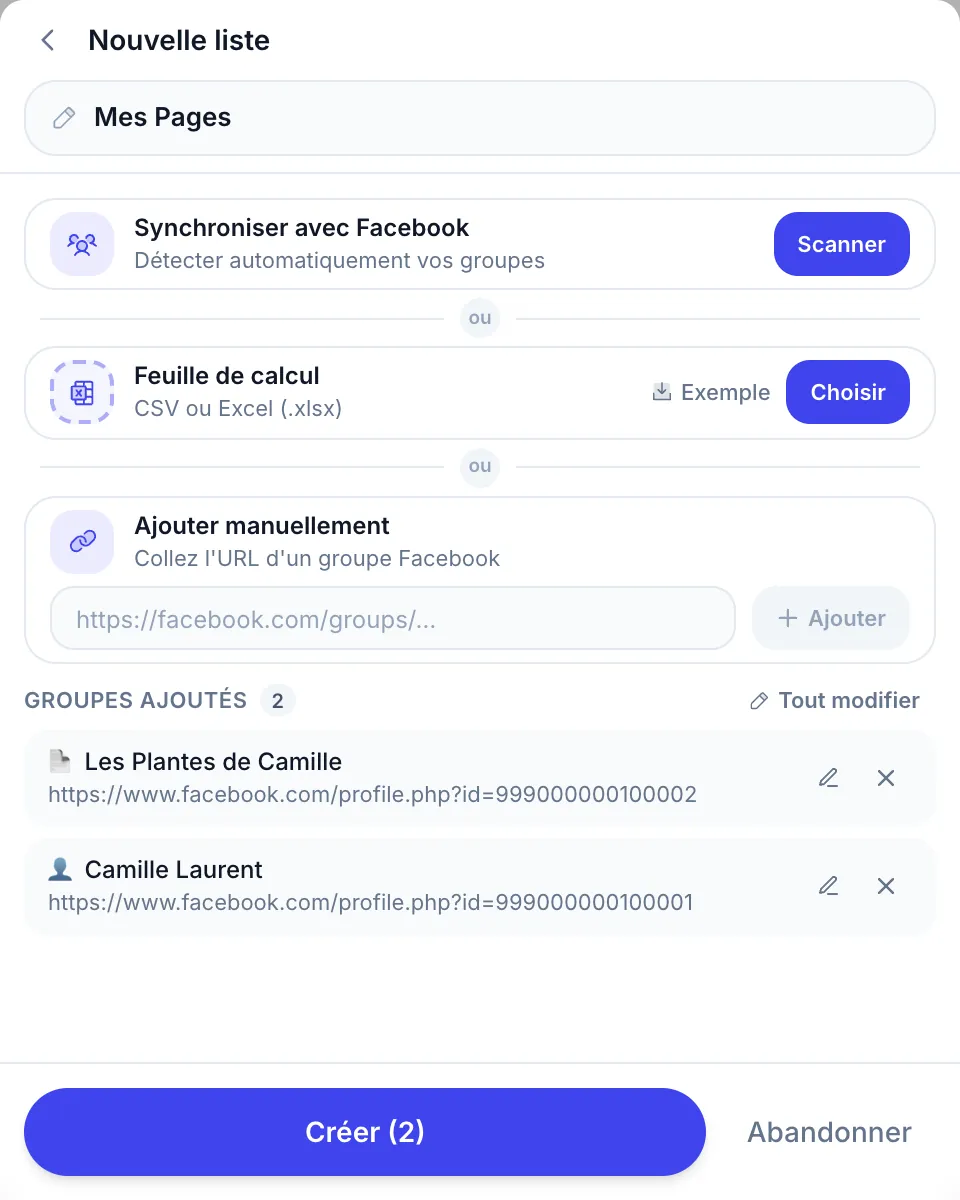Une nouvelle liste avec votre Page Facebook (📄) et votre propre profil (👤) ajoutés par lien