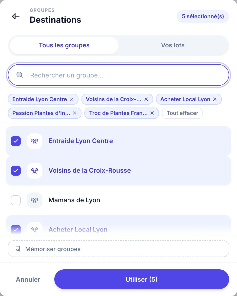 Choix de groupes un par un : recherche, groupes sélectionnés et bouton Utiliser
