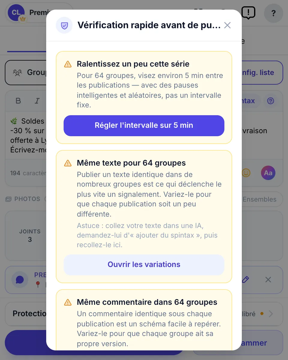 La vérification rapide avant de publier : rythme, même texte et même commentaire, chacun avec sa correction