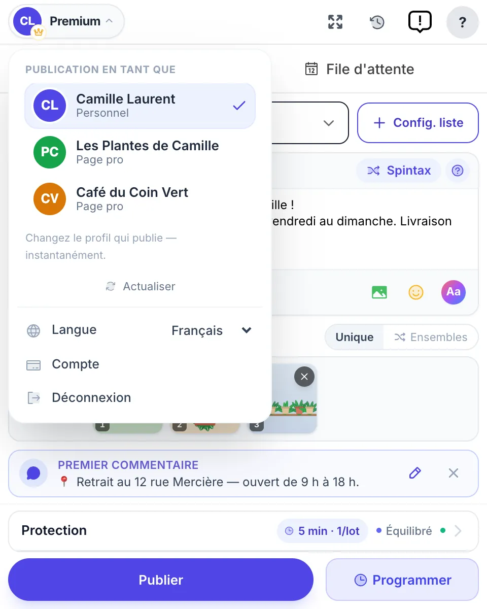 Le menu du compte : publier avec votre profil personnel ou avec l’une de vos Pages Facebook