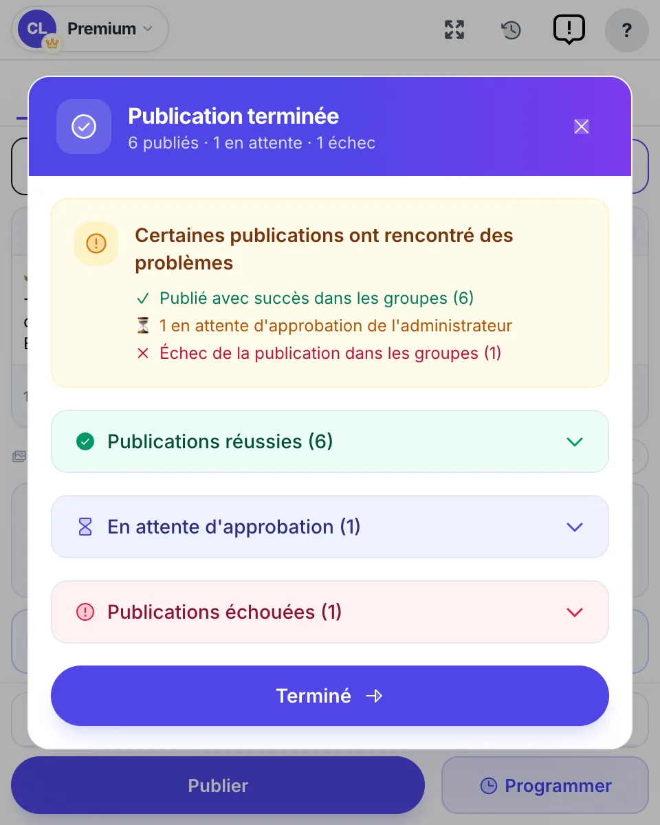 Publication terminée : 6 réussies, 1 en attente d’approbation, 1 en échec