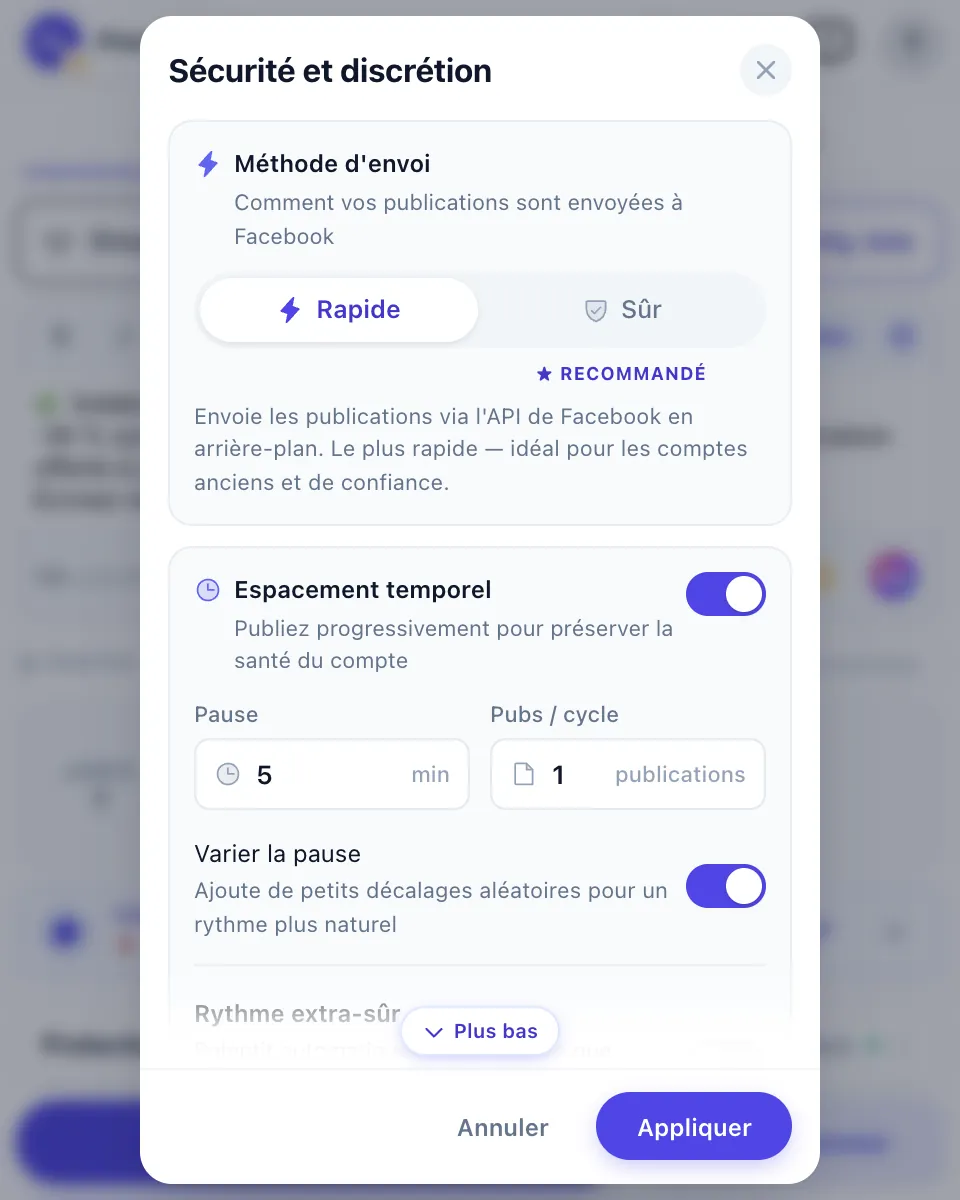 Les réglages Protection : Rapide ou Sûr, Espacement temporel et durée des pauses