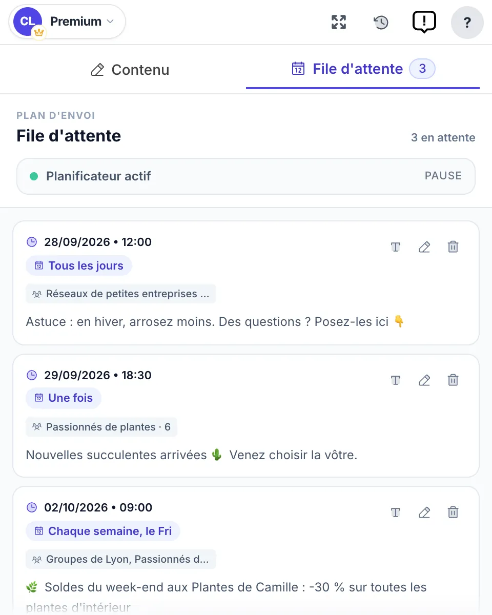 L’onglet File d'attente avec trois publications programmées : tous les jours, une fois et chaque semaine