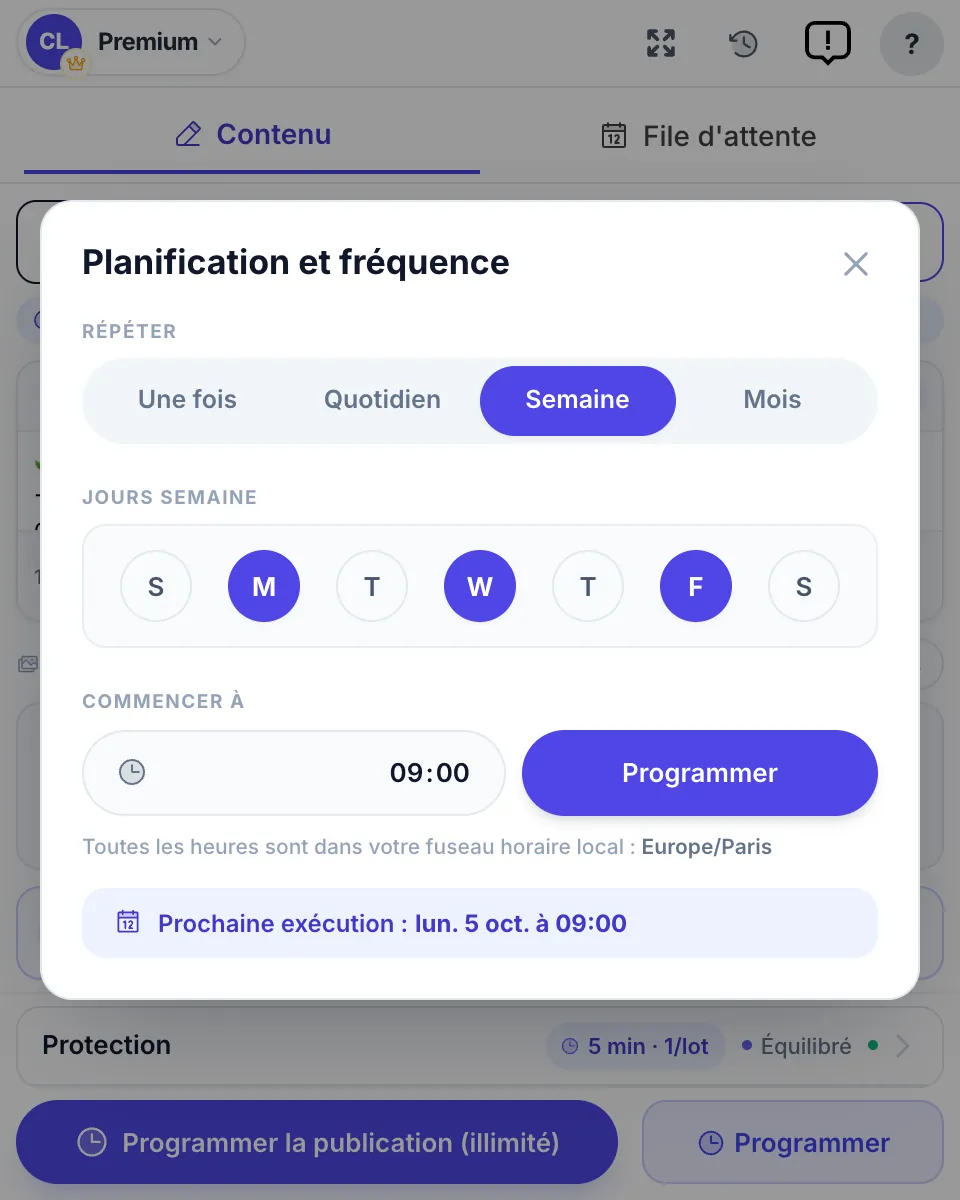 Planification et fréquence : un envoi chaque semaine, le lundi, le mercredi et le vendredi à 9 h