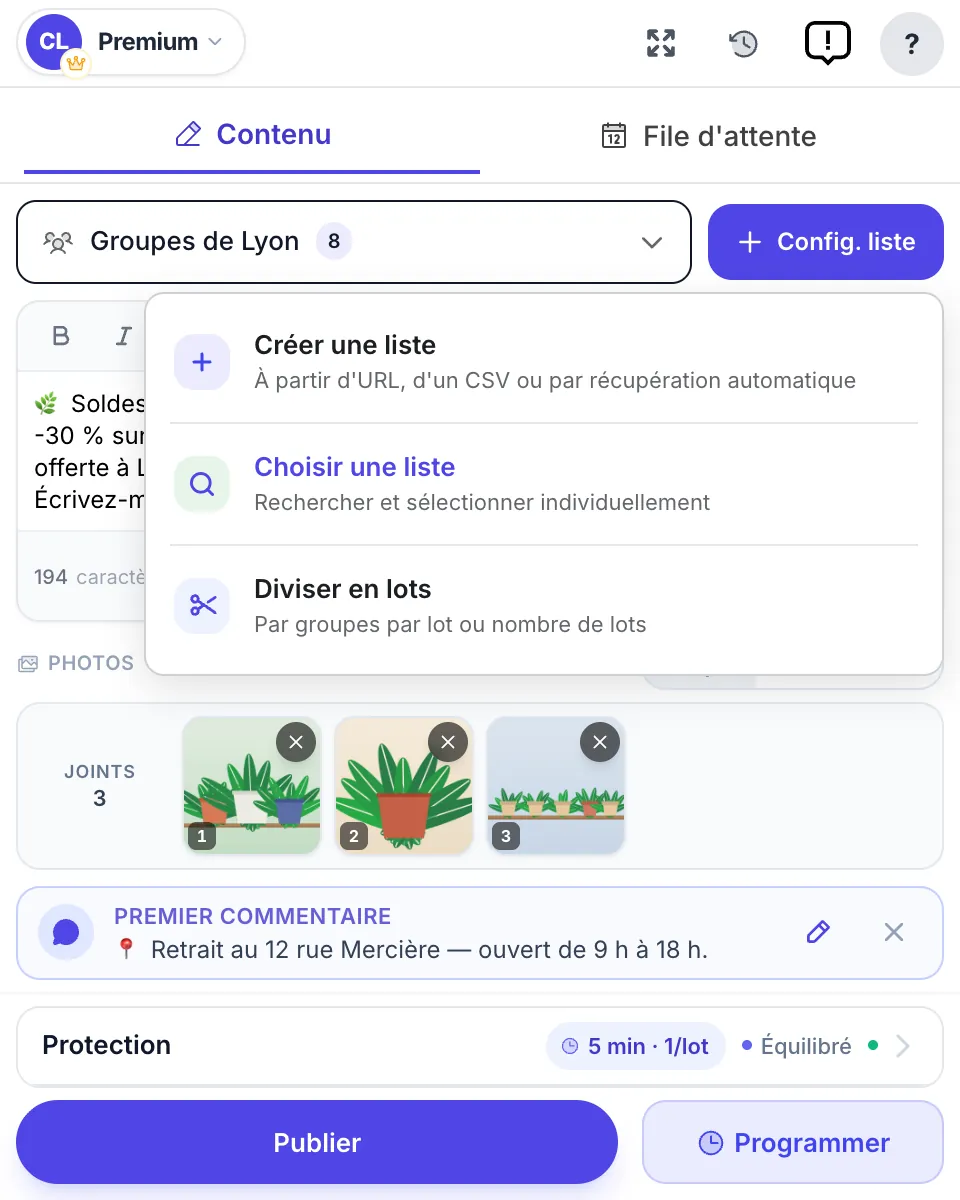 Le menu Config. liste : Créer une liste, Choisir une liste, Diviser en lots
