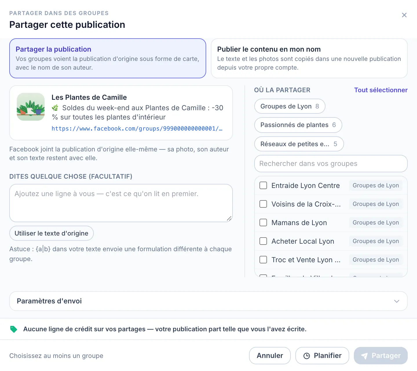 MultiGroupPoster, Partager cette publication : Partager la publication ou Publier le contenu en mon nom, puis les groupes