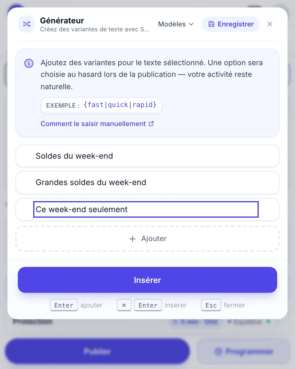 Le Générateur avec trois formulations de la même phrase