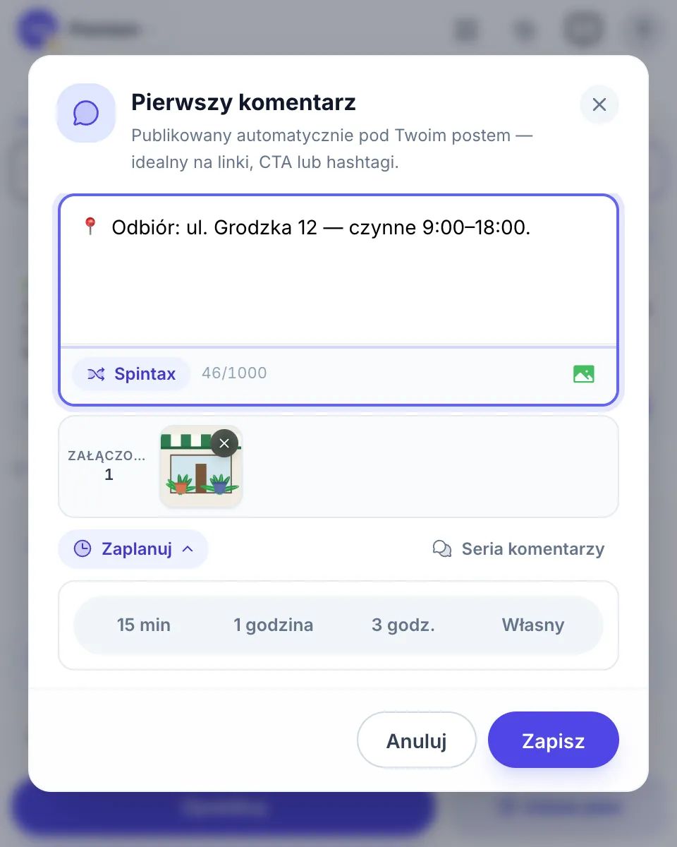 Ustawienia komentarzy w MultiGroupPoster z wyborem opóźnienia
