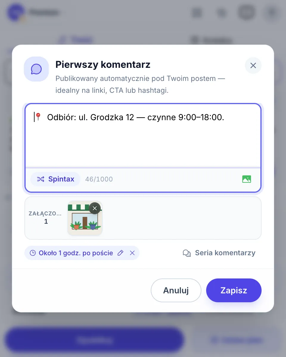 Pierwszy komentarz ze zdjęciem, publikowany około 1 godziny po każdym poście
