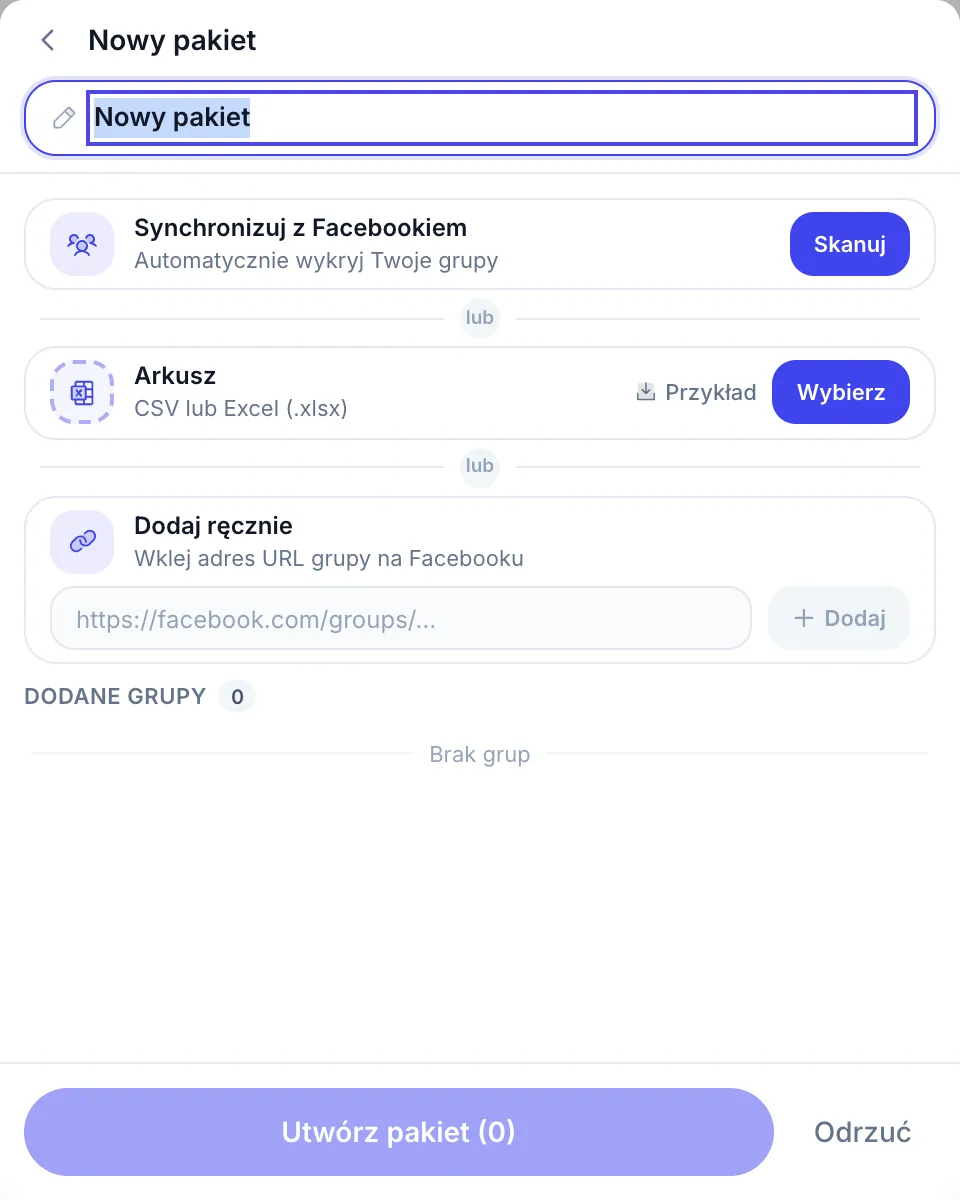 Tworzenie listy grup: Synchronizuj z Facebookiem, Arkusz lub Dodaj ręcznie