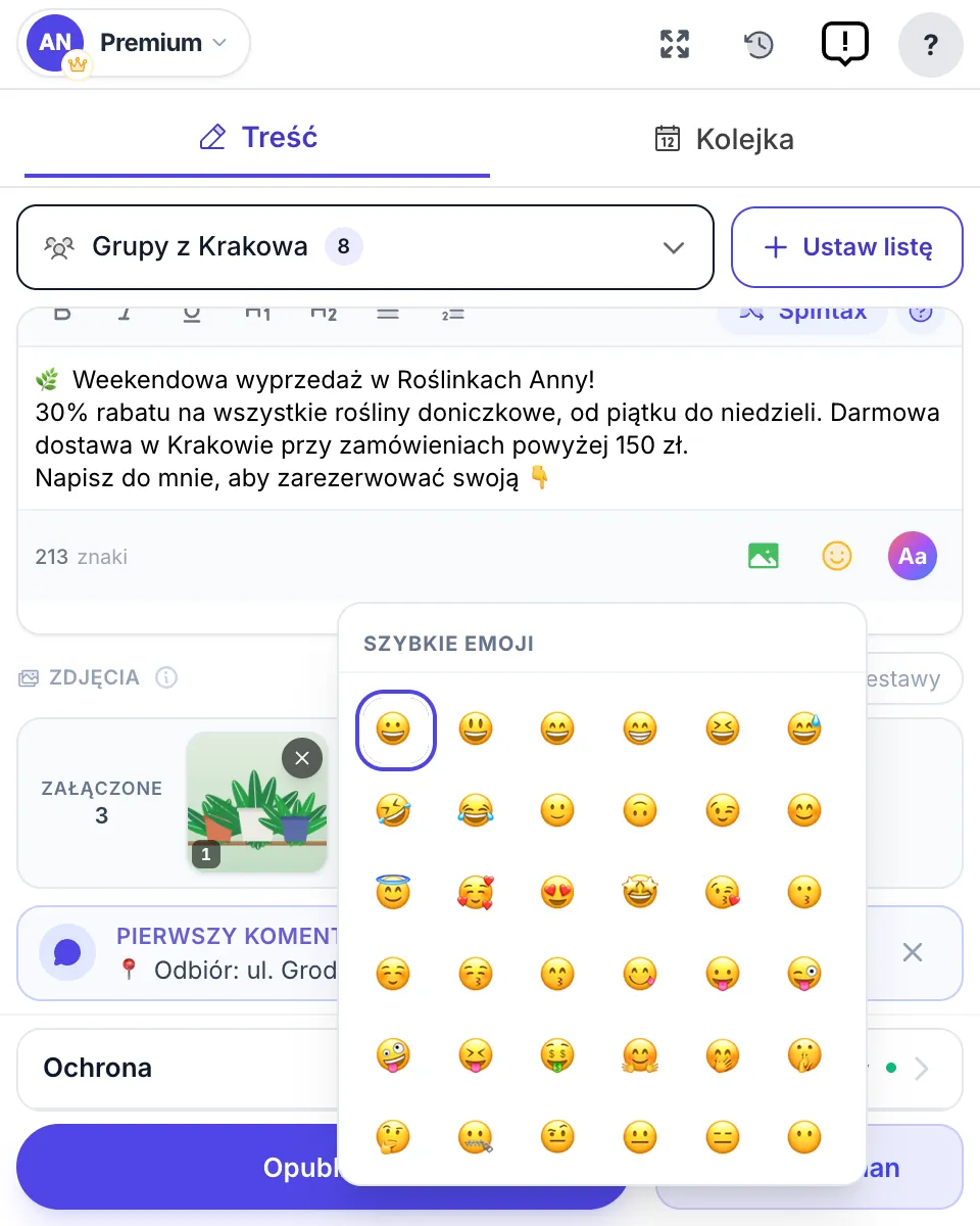 Edytor posta z paskiem formatowania i otwartym wyborem emoji